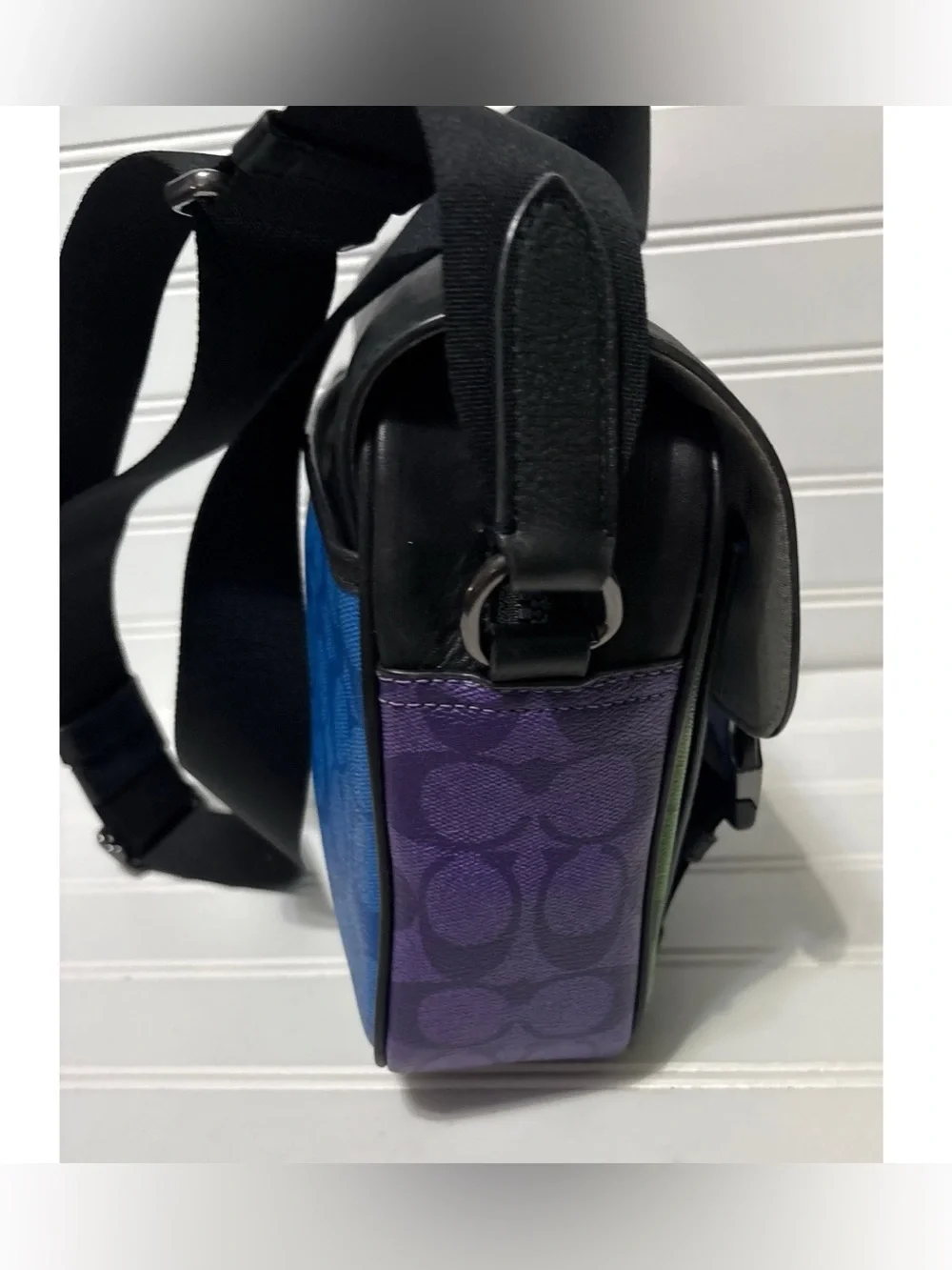 COACH Track 27 Blue Green Purple Blocked Signature Messenger Crossbody Mens Bag